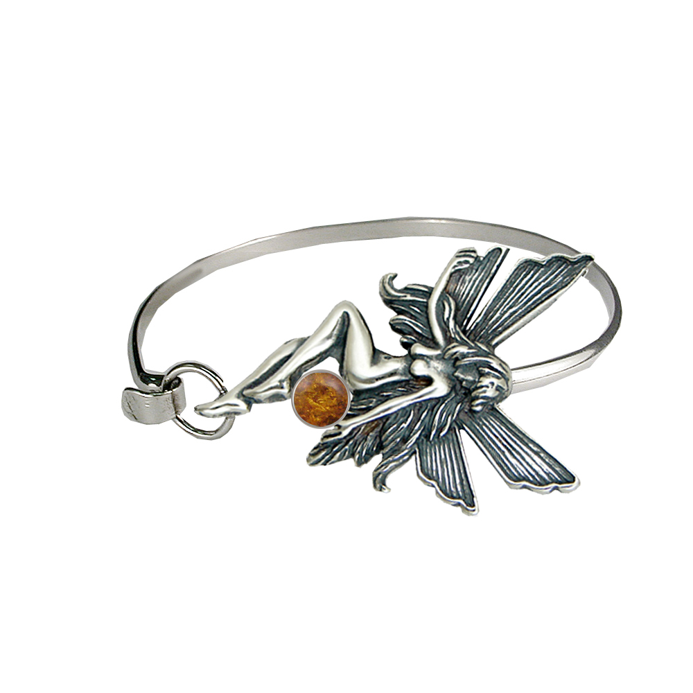 Sterling Silver Fairy Strap Latch Spring Hook Bangle Bracelet With Amber